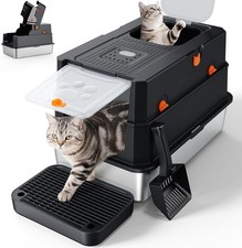 XL Stainless Steel Litter Box with Lid, High Sided, Front Top Entry