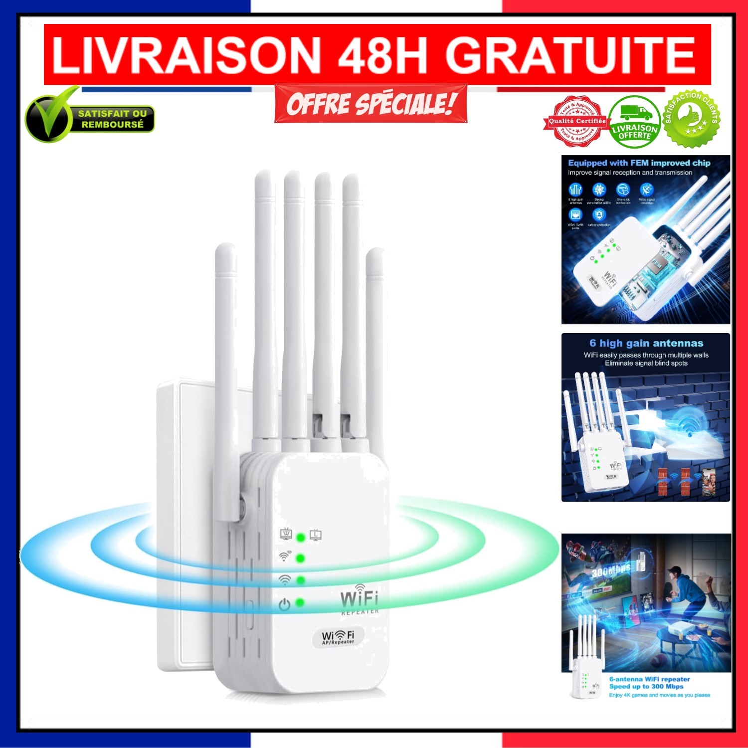 Répétiteur WiFi 6 antennes AC1200 blanc pour amplification réseau domestique