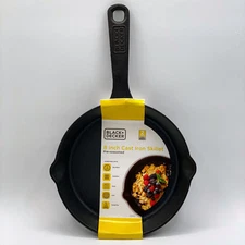 Black+Decker 8 Inch Cast Iron Skillet Pre-Seasoned w/ Pour Spout, Hang Hole NEW