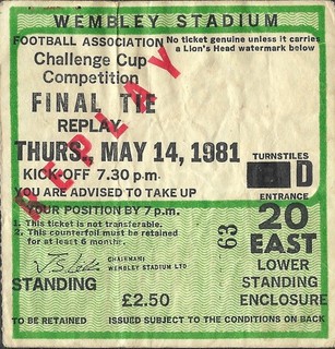 Manchester City v Tottenham Hotspur. Ticket Stub. 1980 1981 FA Cup Final Replay