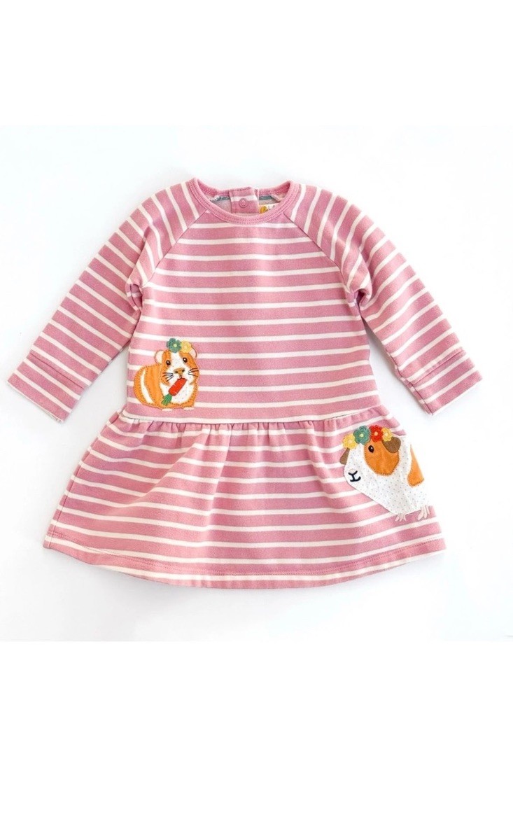 Baby Boden Pink Stripe Guinea Pig Appliqué Sweatshirt Dress 6-9M Long Sleeve