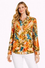 INVESTMENTS $89 Linen Top Tropical Palm Blouse Stretch Shirt Size 3X NEW