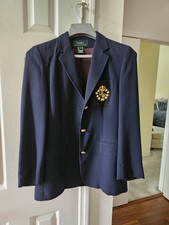 Ralph Lauren Women's Crown Crest Logo Navy Wool Blazer Size 8