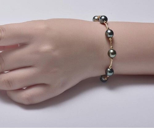 10-9mm AAA+ Stunning real natural Tahitian black round pearl bracelet 18k 7.5-8" - Picture 5 of 6