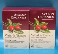 2x Avalon Organics Wrinkle Therapy FACIAL SERUM -CoQ10 & Rosehip- 0.55 oz /16 mL