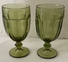2 Vintage Libby  Duratuff Olive Green Glass 7" Goblet  Water Glass Set USA Made