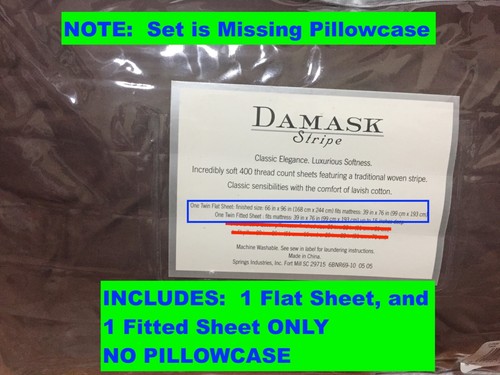 DAMASK STRIPE🔹Twin Sheet Set🔹400 Thread Ct🔹100% Cotton🔹Chocolate🔹NEW IN BOX - Picture 2 of 3