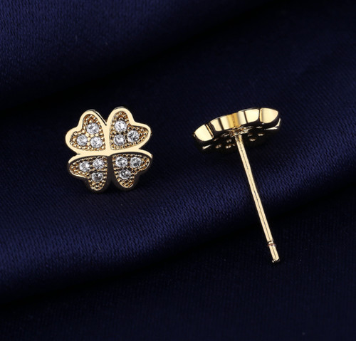 Gold Flower Lucky Clover Pave Cubic Zirconia Stud Earrings
