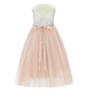 Scalloped V-Back Lace A-Line Flower Girl Dress Birthday Party 207R2 White / Champagne / 4 Scalloped V-Back Lace A-Line Flower Girl Dress Birthday Party 207R2 White / Champagne / 4