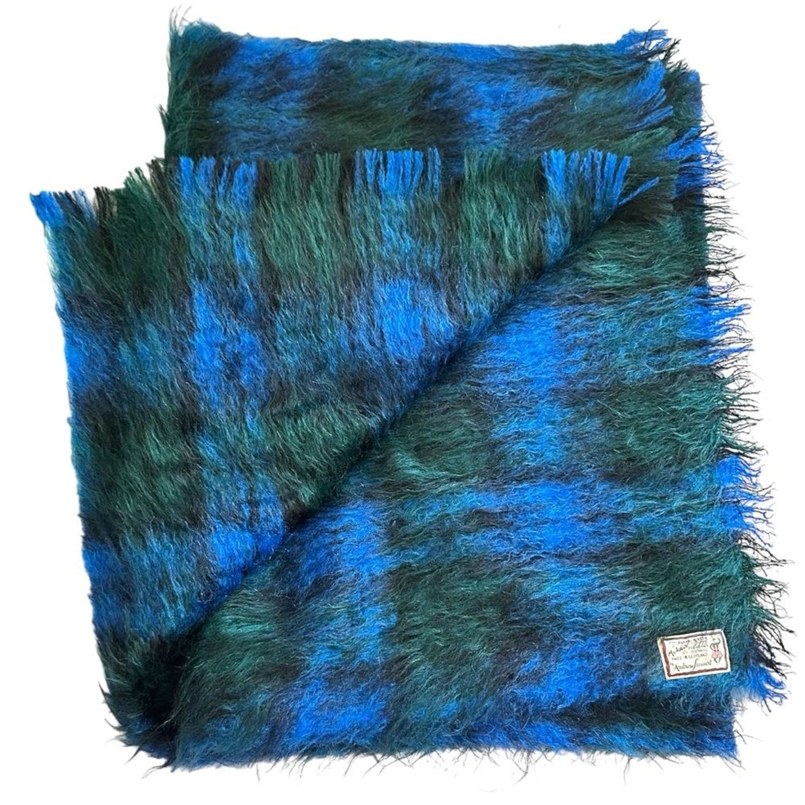 Vintage Andrew Stewart mohair wool scarf wrap black watch plaid made in Scotland