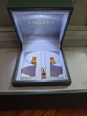 ANGARA Smaragdschliff Citrin Ohrstecker & Halskette mit Diamant 925 Sterling Silber
