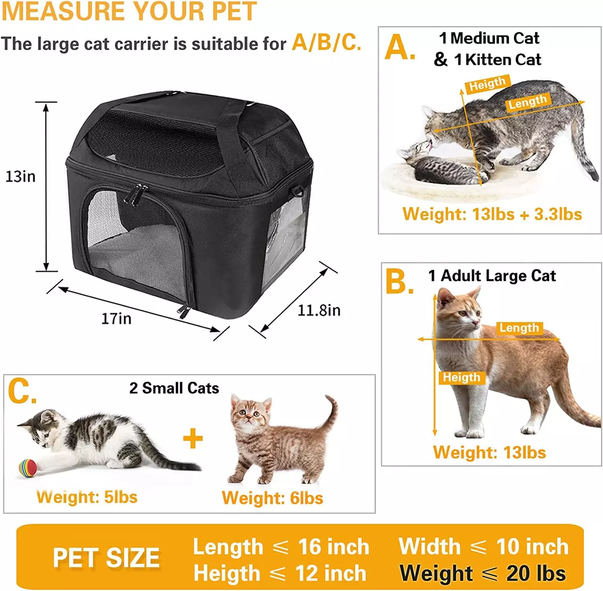 Large Cat Carrier for 2 Cats, Oeko-Tex Certified Soft Side Pet Carrier for  Cat