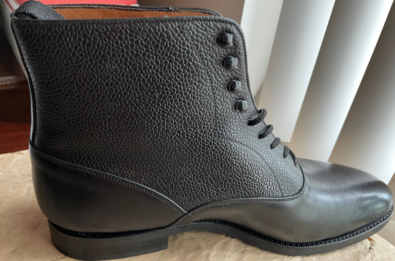 J Fitzpatrick Black Leather Balmoral Boot 12 D Calfskin Pebble Grain Rubber Sole
