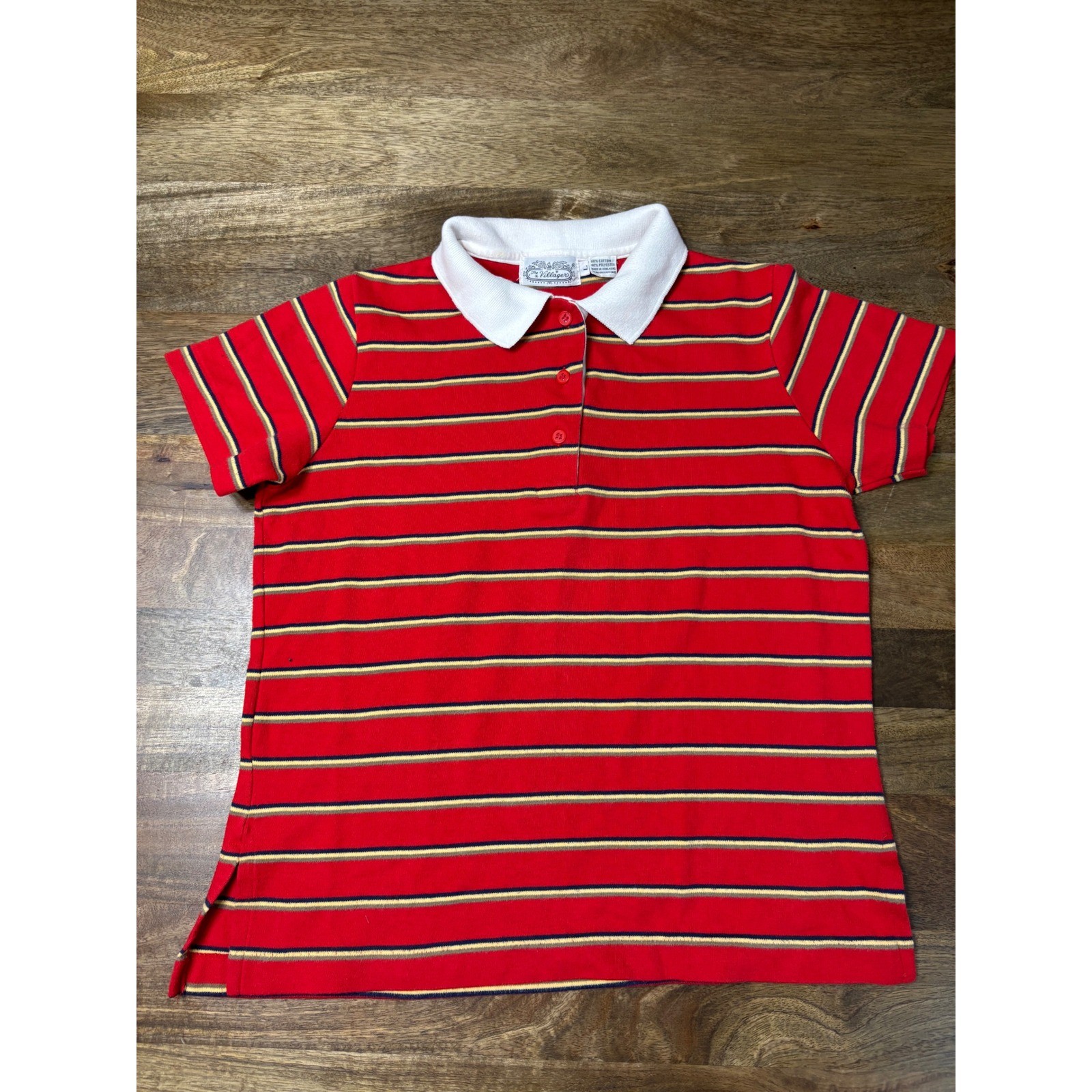 Vintage The Villager Red Striped Polo Shirt Short Sleeve Size L Cotton Blend