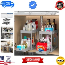 2-Tier Under Sink Organizer Rack - Eco-Friendly Sliding Storage with Hooks