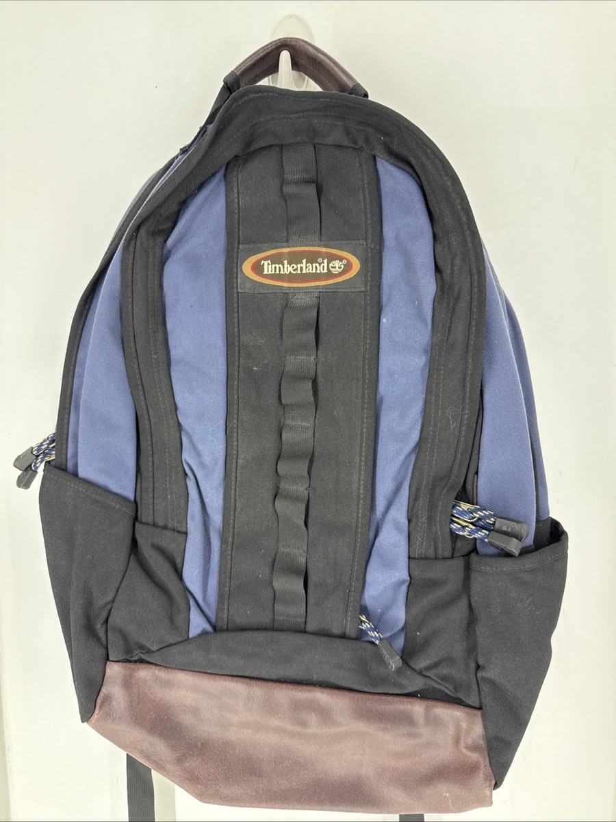 Vintage Timberland Backpack Blue Black Leather Bottom 90's Y2K 18