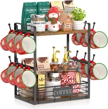 Coffee Mug Cup Holder Tree Bar Station Organizer, 2 Tier Mug Stand Rack for Coun