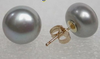 Stunning AAA Tahitian 9-10mm gray pearl earrings 14k Gold stud pearl earrings