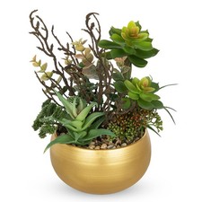 Artificial Succulent Plants in Gold Pot Faux Succulent Arrangement Fake Potte...