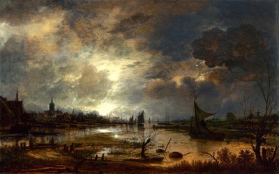 Neer Aert Van Der a River Near a Town by Moonlight Vintage Kunstdruck Poster Wand