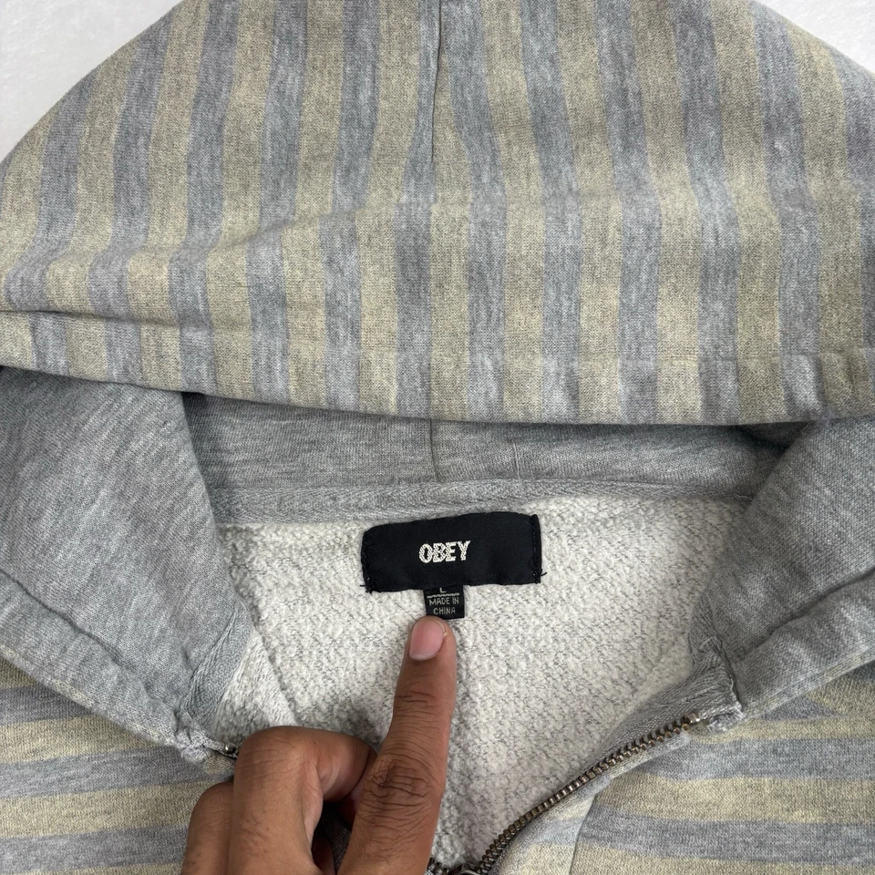 Y2K Obey Grey Full Zip Long Sleeve Striped Hoodie Embroidered Men's Large - Image 4 of 4