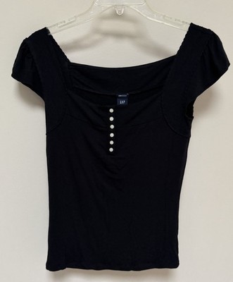 NWT Vintage 2005 Gap Stretch Milkmaid Henley Top Black Square Neck S Deadstock