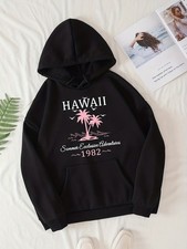  Hawaii Summer Adventure Print Hoodie, Casual Pocket Long Sleeve Drawstring Hood