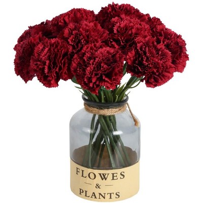Icbox Red Carnations Artificial Flowers 15Pcs Real Touch Carnation Flowers Silk