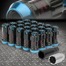 CLOSED END SKY BLUE ALUMINUM SPLINE WHEEL LUG+ LOCK NUTS+KEYS M12X1.5 22MMx45MM