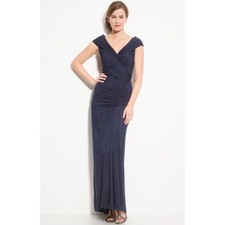 Tadashi Shoji Mesh Ruched V-Neck Maxi Gown Dress Women's Navy Size XL X-Large