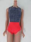 Vintage 70's Busy Barbie Doll #3311 DENIM HALTER TOP & RED NEON BODYSUIT
