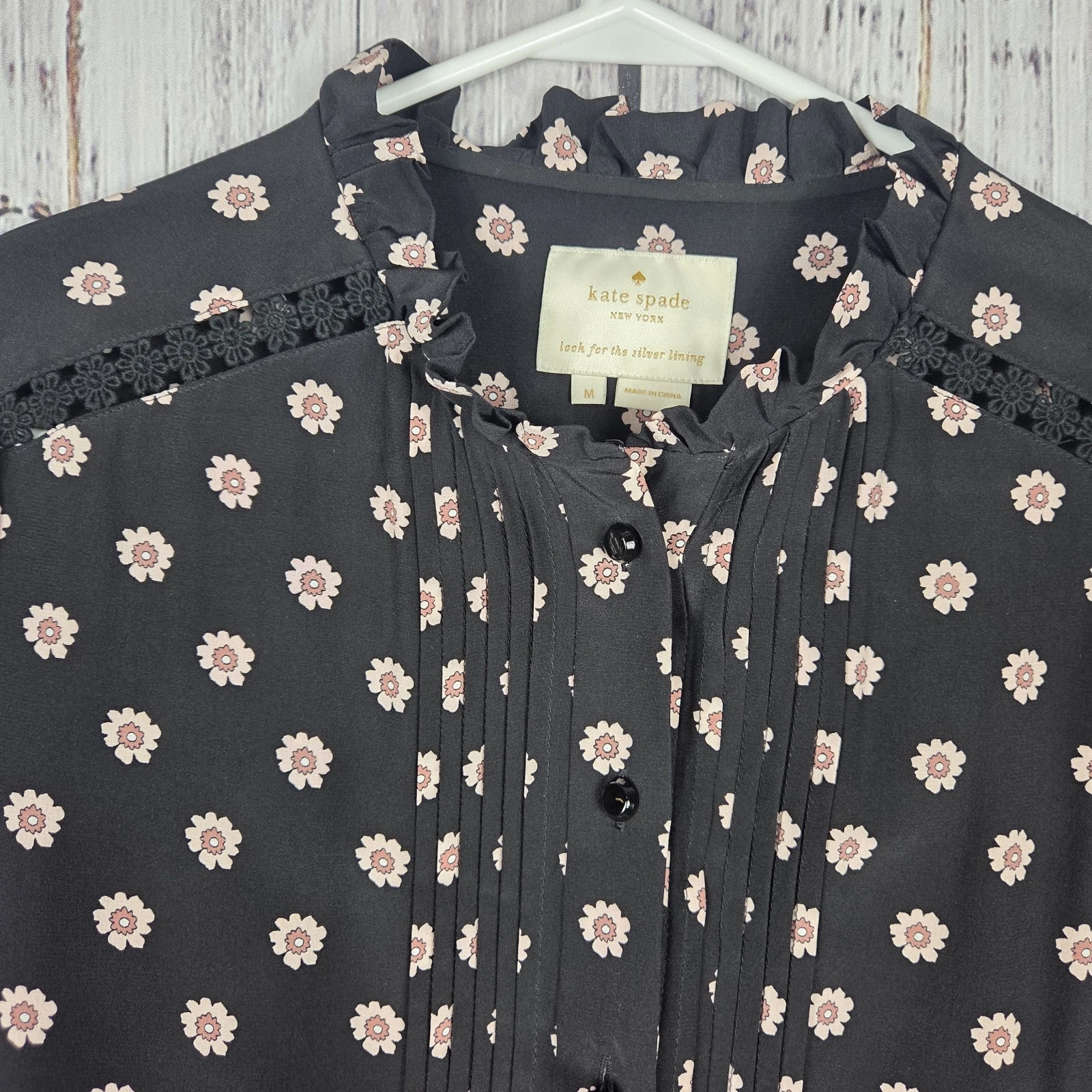 Abito camicia Kate Spade 100% seta M colletto arricciato plissettato davanti nero floreale Ditsy