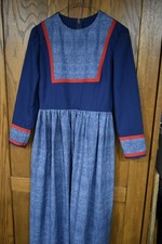Girls' 19th Century Prairie Pioneer Dress Costume Blue wRed Trim - YL