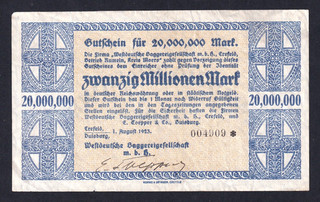 Crefeld / Duisburg Westdt. Baggereiges. m.b.H. 20 Millionen Mark 1.8.1923