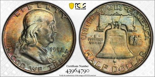 1952-D 50C MS64 Franklin Silver Half Dollar PCGS Trueview - Beautiful Toning