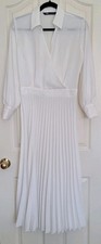 Zara M White Pleated Midi Dress V-Neck Long Sleeve