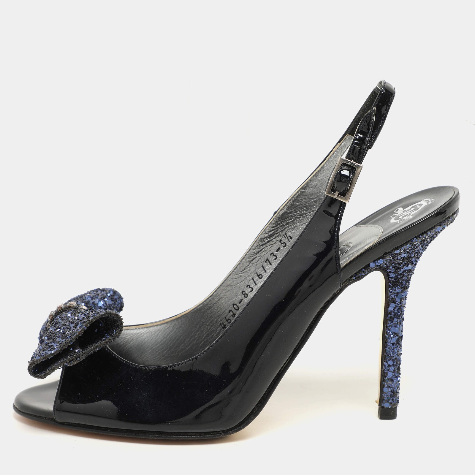 Gina Blue Patent Leather and Glitter Bow Embellished Peep Toe Slingback Pumps