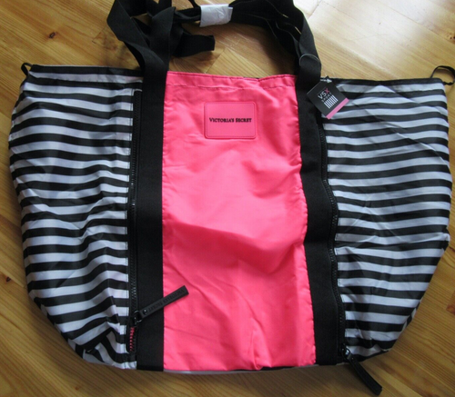 Victoria Secret  Zip front PKT Open Tie Top BLK/WH/ Pink Tote Poly Lined Bag NWT - Picture 2 of 3