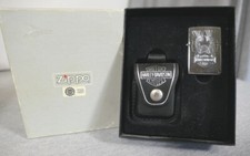 1997 Chrome Harley Davidson Bar & Shield Eagle Zippo Lighter w Box, Leather Case