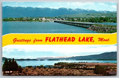 Greetings Flathead Lake Montana MT Banner Dual View Chrome Posted 1983  Postcard
