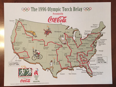 1996 Olympic Torch Relay Route Map Illustration Coca Cola 8.5''x11'' Nice Display