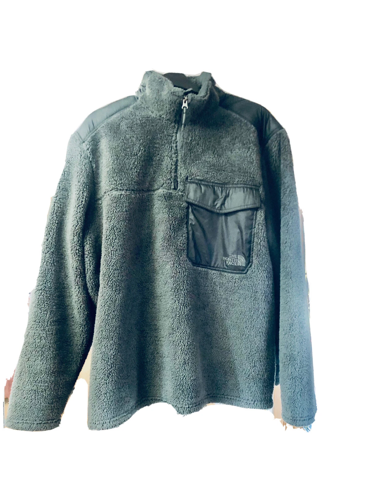 North Face Mens Jacket Sherpa 1/4 Zip Fleece Pullover Soft Grey Black