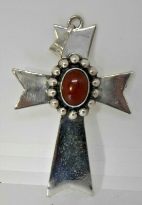 Vintage CII Mexico Cross Pendant Sterling Silver Red Agate Cabochon Sandcast