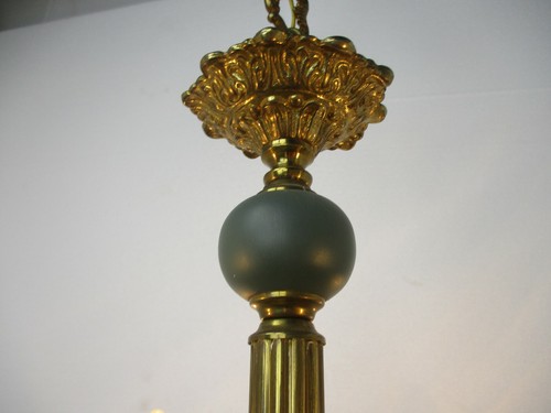 French Empire Chandelier Green Tole Brass 5 arms Hollywood Regency Beautiful - Picture 5 of 11