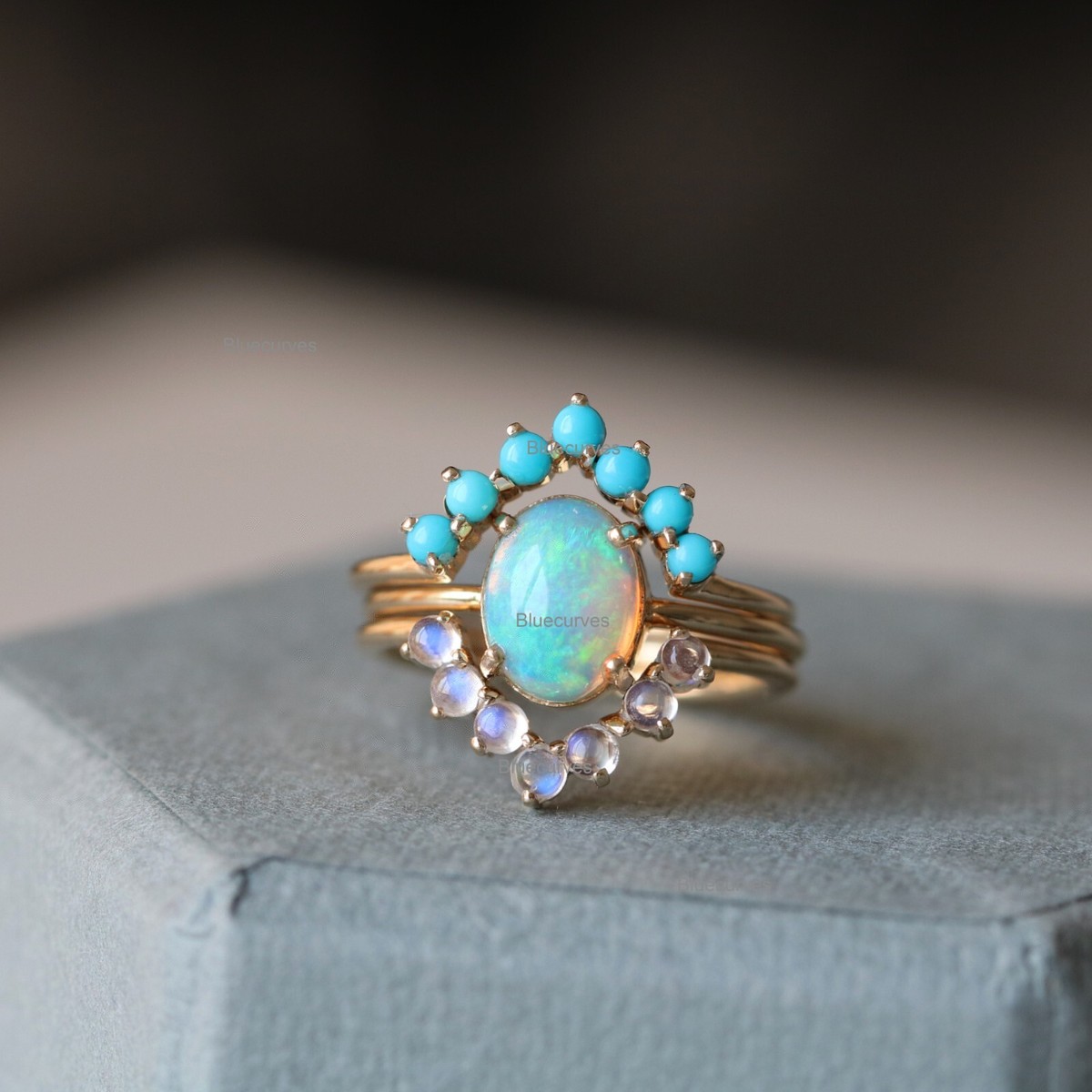 14k Solid Yellow Gold Opal, Turquoise and Moonstone Gemstone Crown