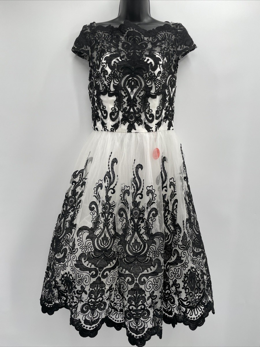 Chi Chi London Cap Sleeved Embroidered Scallop Hem Midi Black Dress Size UK  10