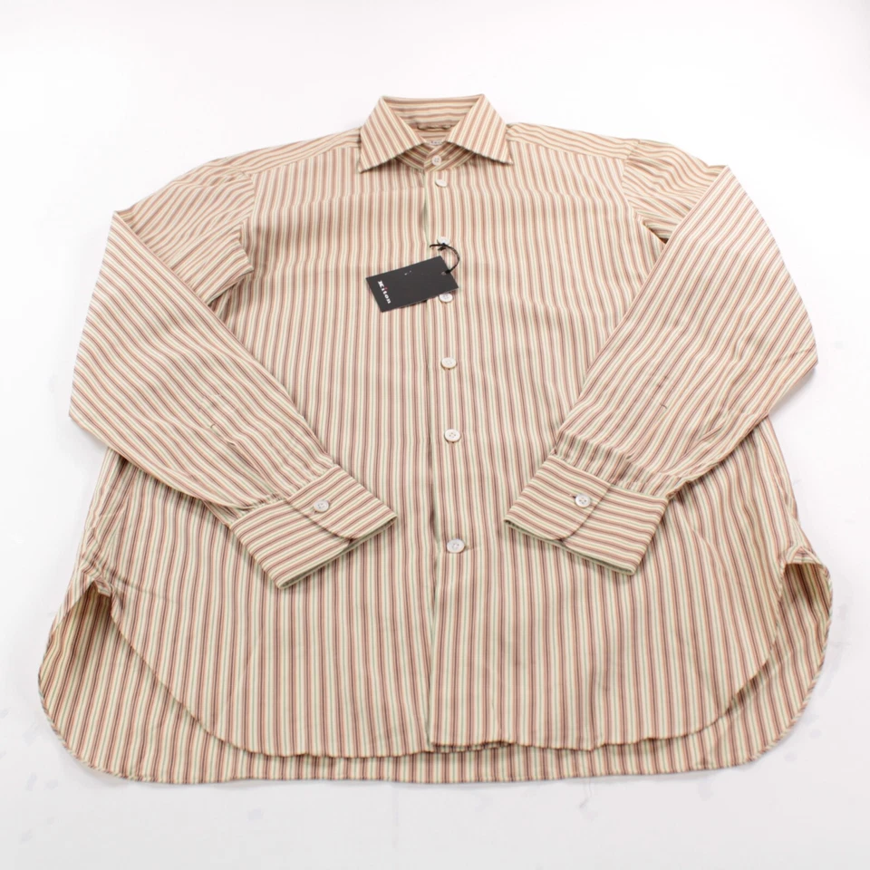 Camisa social Kiton nova com etiquetas tamanho 15,75 40 laranja creme e listrada verde 100% algodão - Imagem 3 de 4