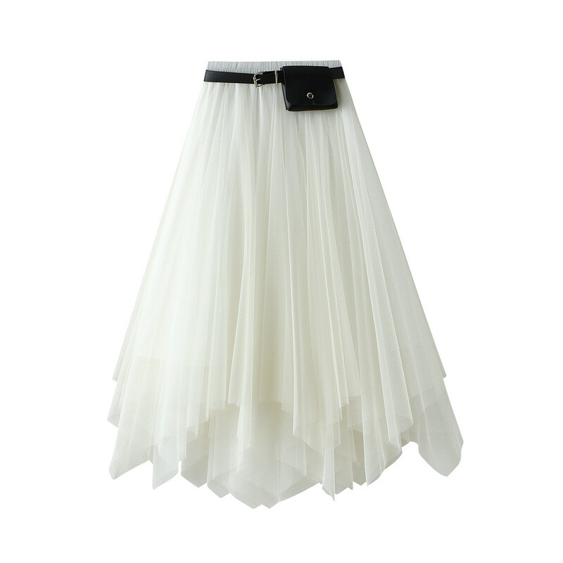 Spring and summer mid-length lace mesh skirt with irregular hem