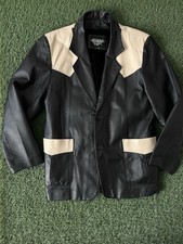 VINTAGE Oscar Piel Leather Western Blazer Jacket Mens L Black Tan Rodeo Cowboy