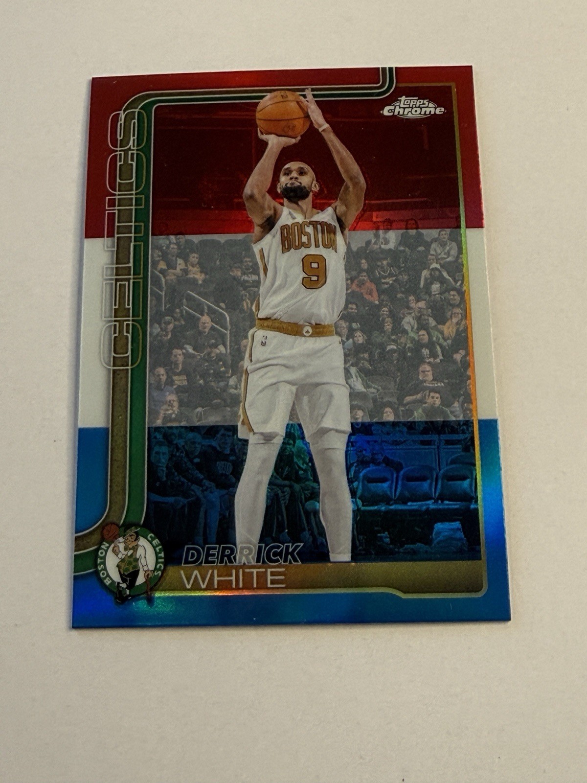 2025-26 Topps Chrome Update Derrick White #40 Red and Blue Refractor Celtics
